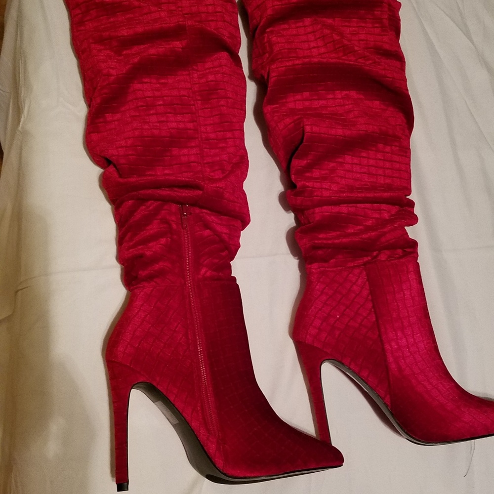 Red thigh high boots
